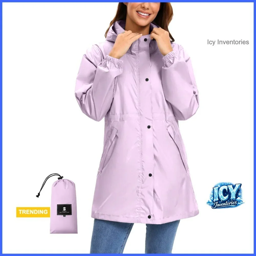 Lightweight Packable Rain Jacket Hooded Trench Coat Polyester